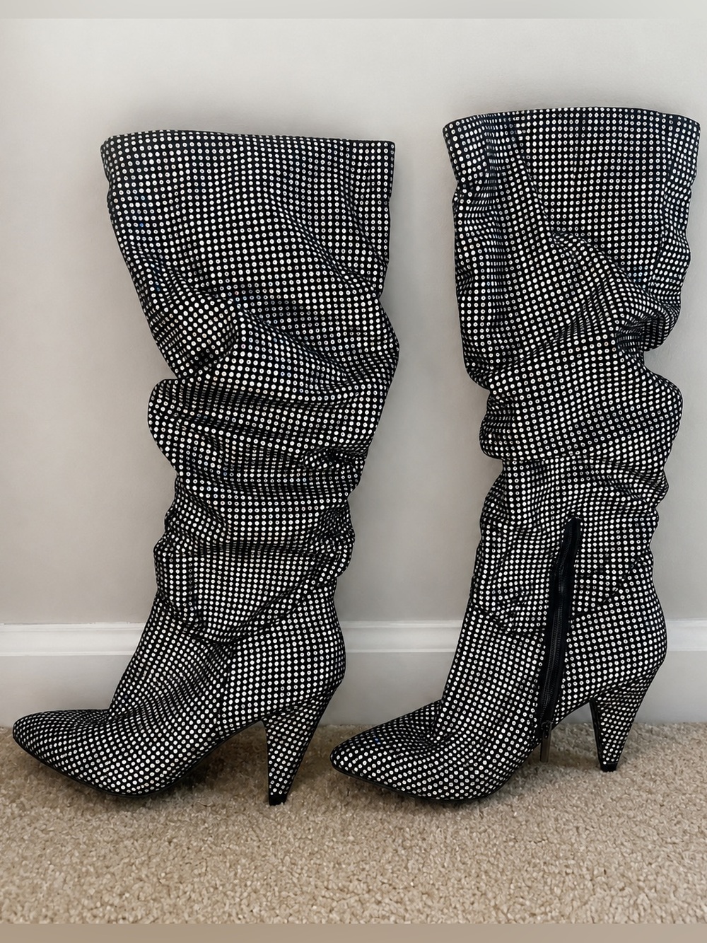 Women’s 7.5 Black Sequined Slouch Boots Sparkle Stiletto Knee High